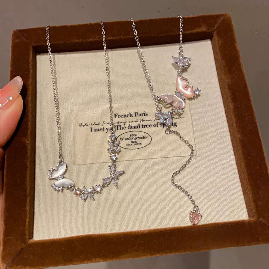 Designer Jewellery High Quality Silver Tone Butterfly Necklace with Mother of Pearl Rhinestone Accents for Special Occasions Wear Gift Textured Elegan
