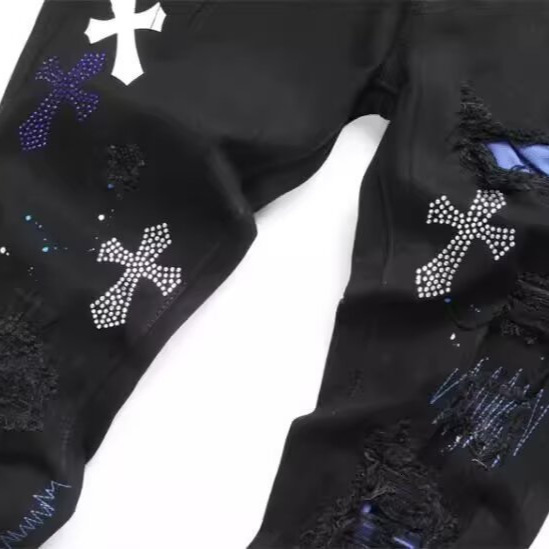 Luxury Designer Clothes High Street Black Cross Rhinestone Distressed Jeans For Men With Skull Print Slim Fit Casual Long Pants Trendy Brand