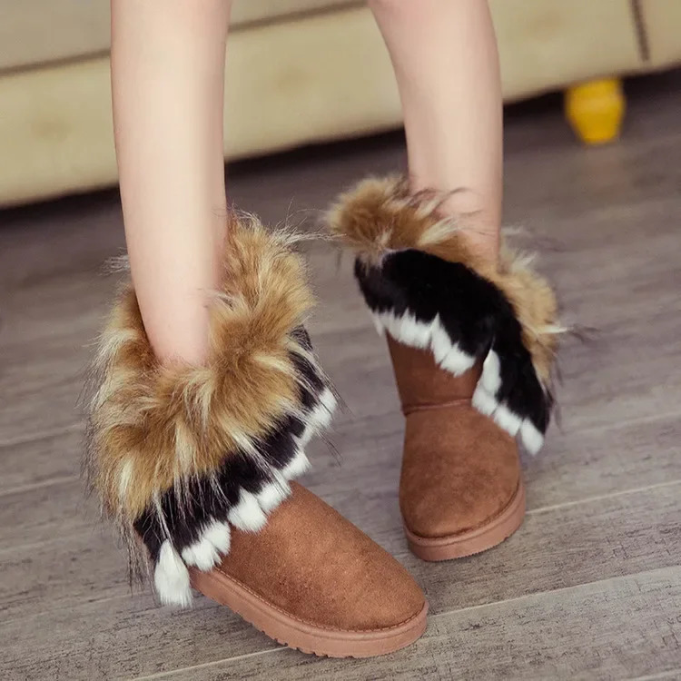 Of The Season Womens Mid-Calf Fox Fur Snow Boots Winter Rubber Sole round Toe Ankle Covering Pure Color Booties Ch 251230