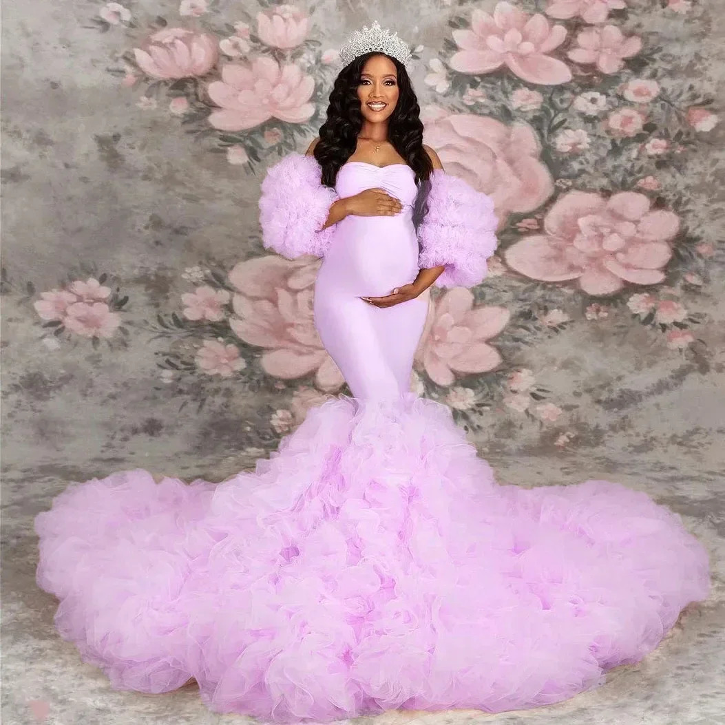 Stretch Pink Mermaid Maternity Dresses Poshoot Puffy Sleeves baby shower vestidos para em 251224 - view 5