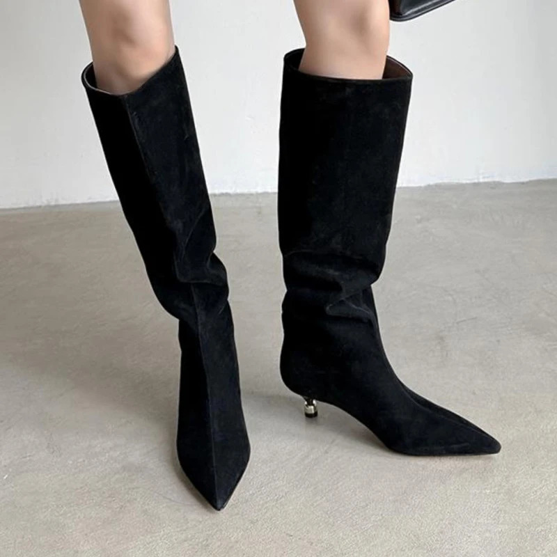 Womens High Boots Fashion Pointed Toe Heeled Shoes Suede Winter Boots Sexy Pumps Mujer Chelsea Botas 251230