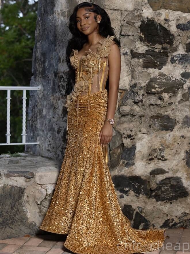 Mermaid Gold Prom Dresses 2025 Flowers Crystals Beaded Sequined Evening Formal Party Second Birthday Engagement Gowns Plus Size Dress For Special Occa