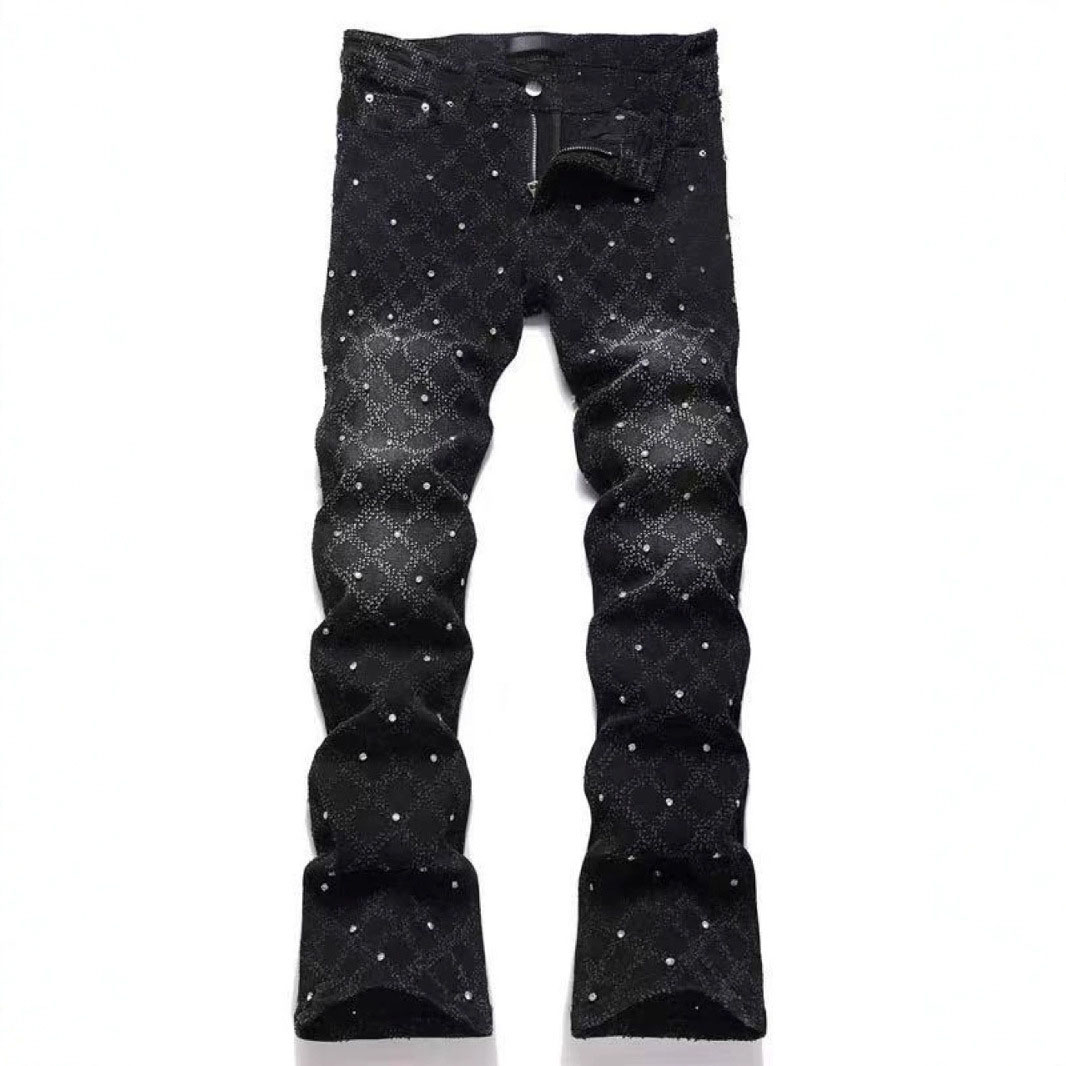Men's Jeans Designer Light Luxury Starry Sky High Version Jeans Men's Diamond Black Slim Fit Jeans Elastic Rivet Denim Pants Skinny Jeans
