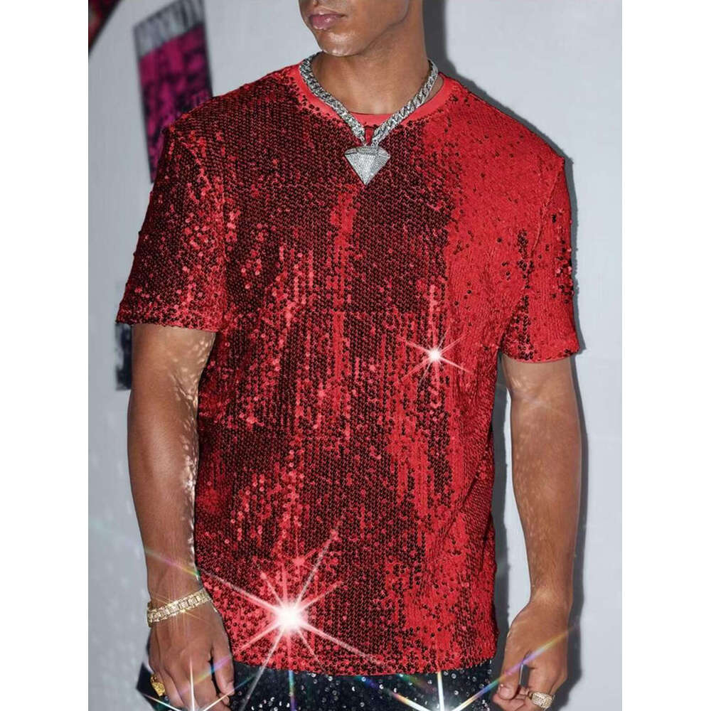 Cross-Border Summer New Sequin Short men dress shirt up shirts Sleeve T-Shirt Men's European And American Performance Costume Shiny Singer Outfit