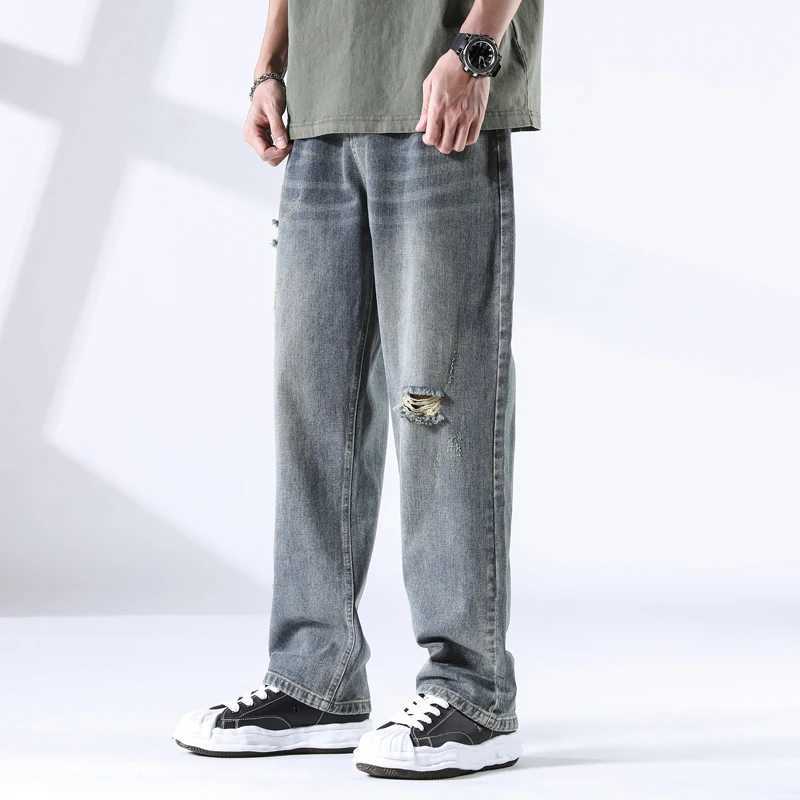 New straight leg denim pants for spring and summer 2025 fashionable mens clothing summer perforated design personalized loos W250701 W250701