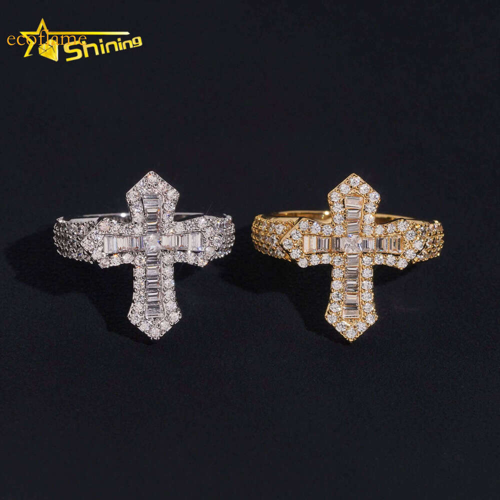 2025 New Cross Style Iced Out Long Bar Hip Hop Moissanite Men's Ring Silver Boutique Jewelry