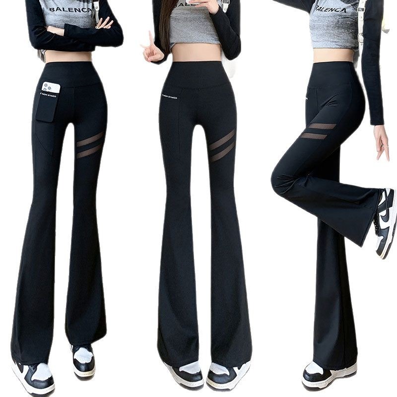 Women's High-Waisted Mesh Pocket Flare Pants - Thin Cut-Out Shark Design, Hip-Lift Shaping Yoga Trousers
