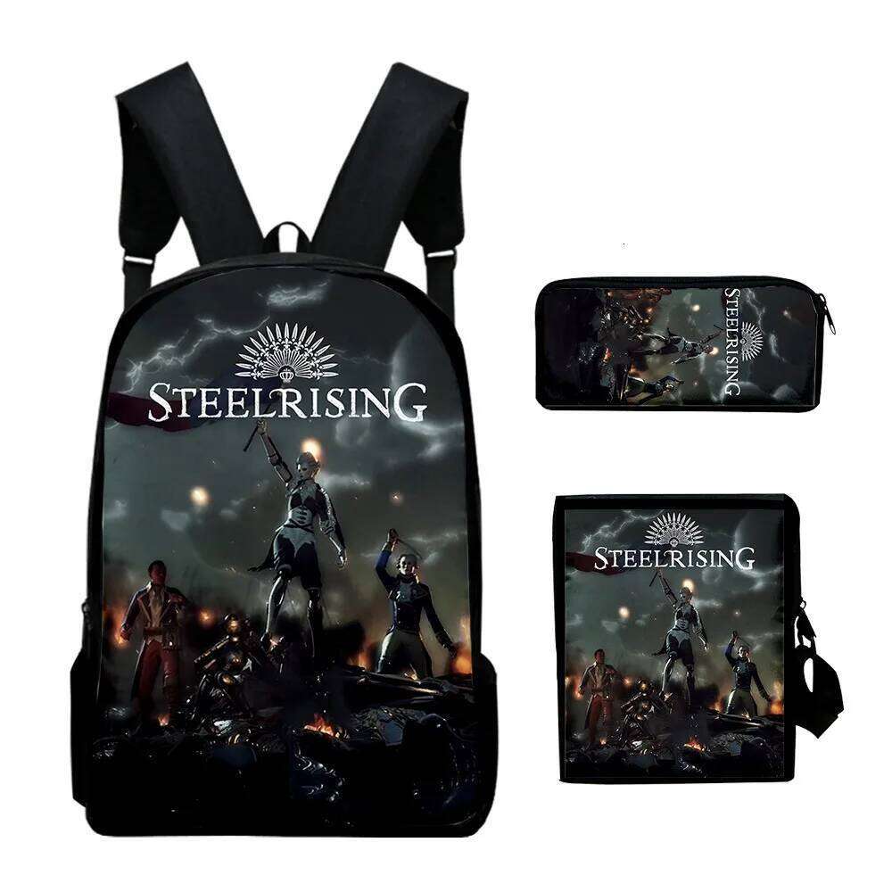 Novelty Cool Steelrising 3D Print 3pcs/Set pupil School Bags Laptop Daypack Backpack Inclined shoulder bag Pencil Case