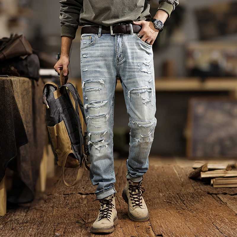 JXNS30 broken hole jeans mens American gangster handsome Slim small leg trousers do old casual trousers only high quality W250701 W250701