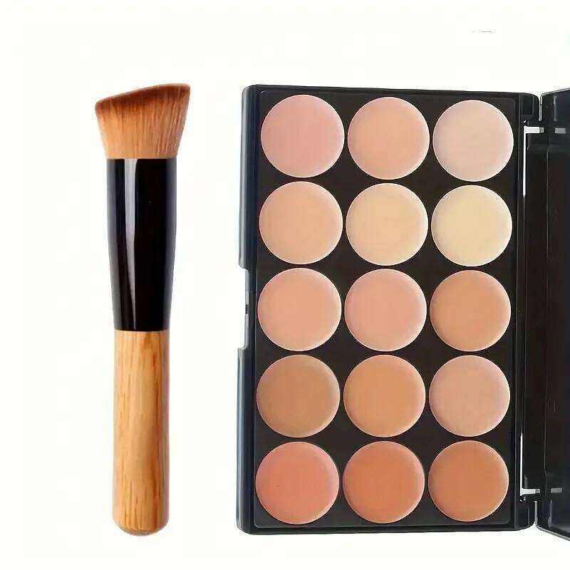 2pcs 15-color Professional Concealer with Brush,Face Makeup and Contouring Dark Circles Acne Mark Brightening Waterproof Sweat X25070