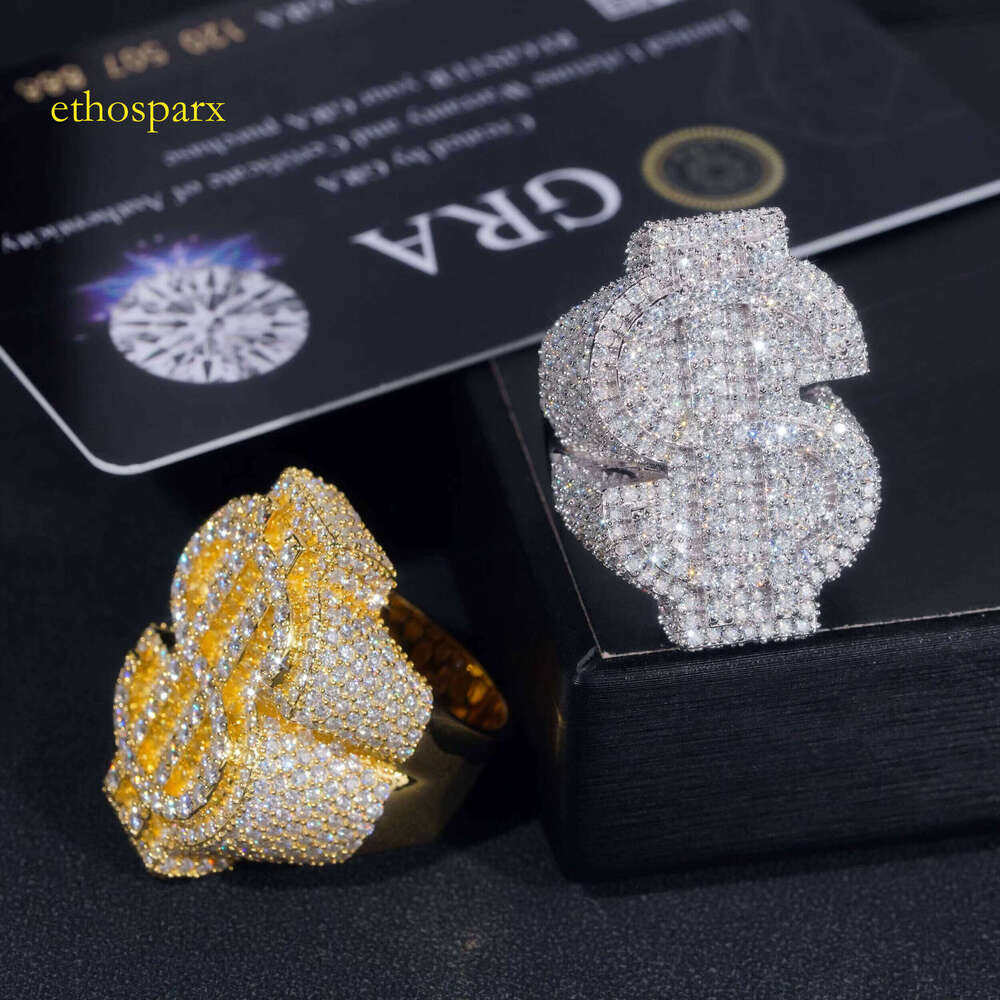GRA Certificate High-Quality Silver and Gold Plated Premium Jewelry Iced Out Hip-Hop with Sandstone Dollar Ring