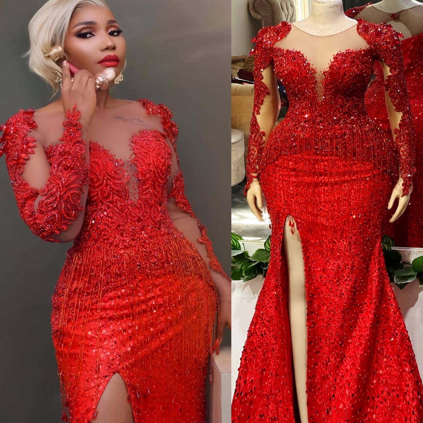 Red Mermaid Prom Dresses 2025 Lace Beaded Crystals Sequined High Split Evening Formal Party Second Birthday Engagement Gowns Plus Size Dress For Speci