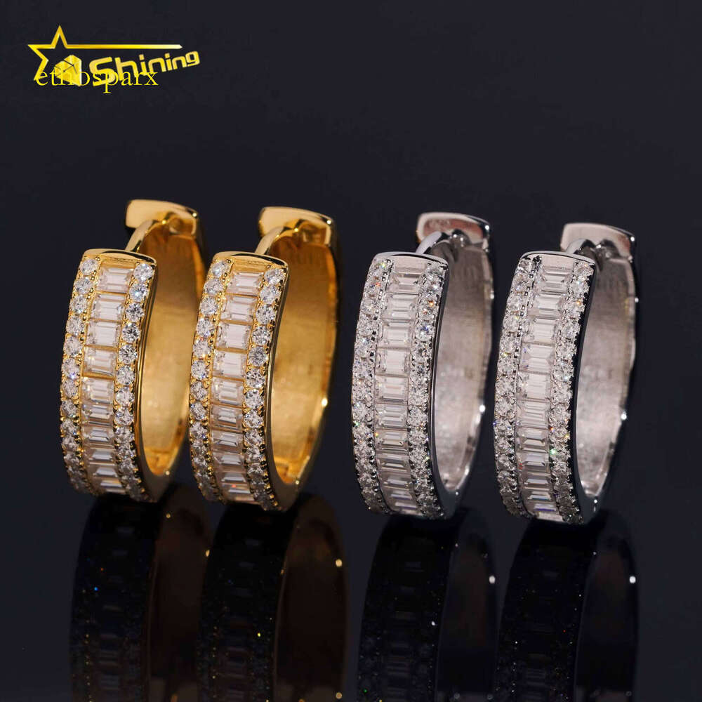 Premium Jewelry Sier Hip-Hop Gold-Plated Iced Baguette Moissanite Hoop Earrings