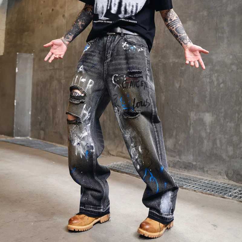 360 High Street Europe and the United States broken hole trend graffiti wide-leg jeans mens high-grade loose tide brand W250701 W250701