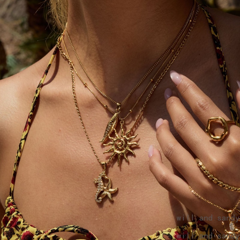 Non Tarnish 18k Gold Plated Boho Conch Shell Starfish Necklace Multilayer Wrap Choker Chains Necklaces Summer Beach Jewelry for Women Birthday Anniver