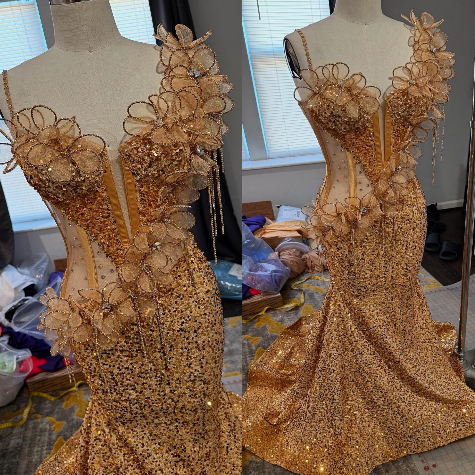 Mermaid Gold Prom Dresses 2025 Flowers Crystals Beaded Sequined Evening Formal Party Second Birthday Engagement Gowns Plus Size Dress For Special Occa