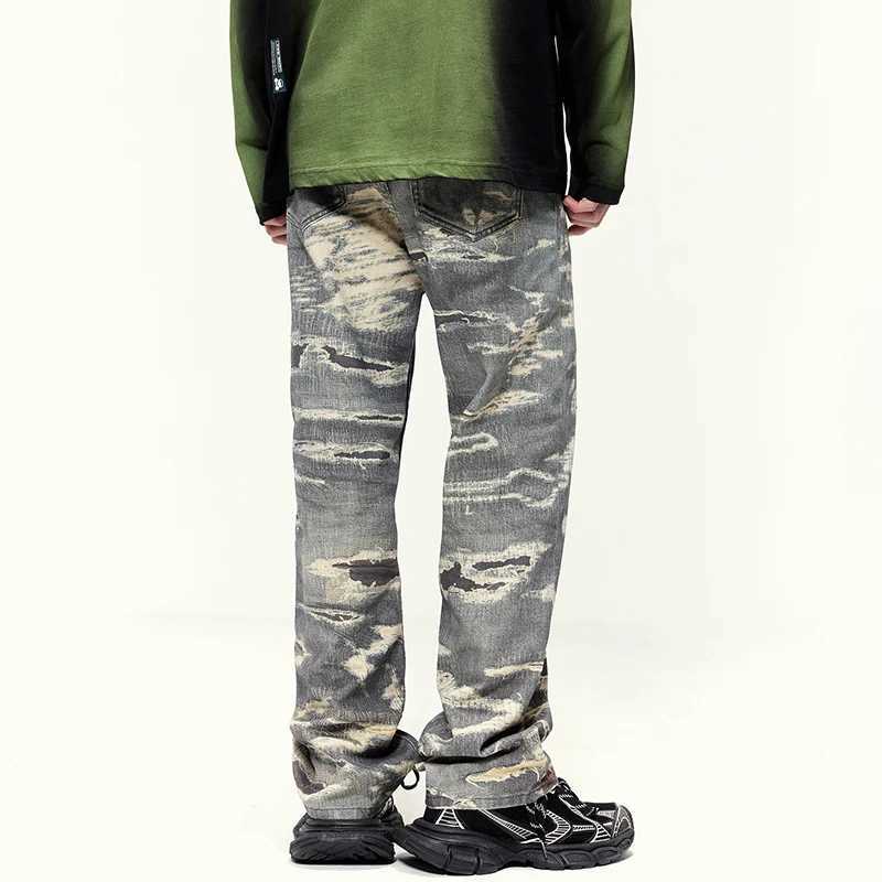 JK965 American heavy denim jeans mens tide loose street wide-leg retro splicing hip-hop straight tube W250701 W250701