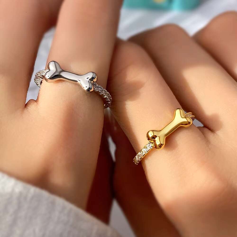 TIKTOK Animal Cute Dog Bone Pets 925 Sterling Silver Ring Hot Selling Vintage Rhodium 14K Gold Plated Zircon Bands