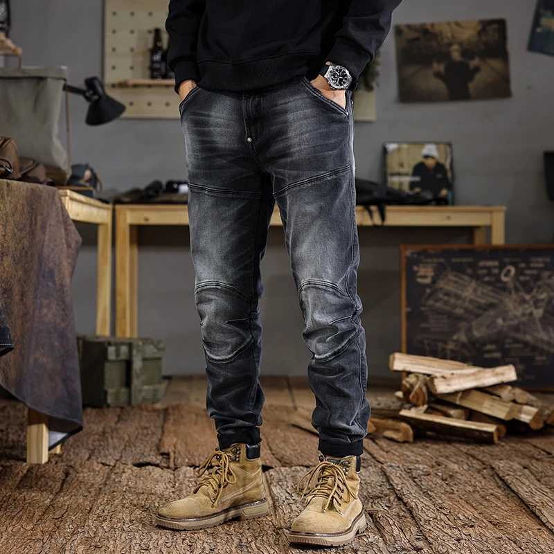 JXNS5 High-grade new American vintage washed jeans for men with old heavyweight design sense splicing Slim small leg trousers W250701 W250701