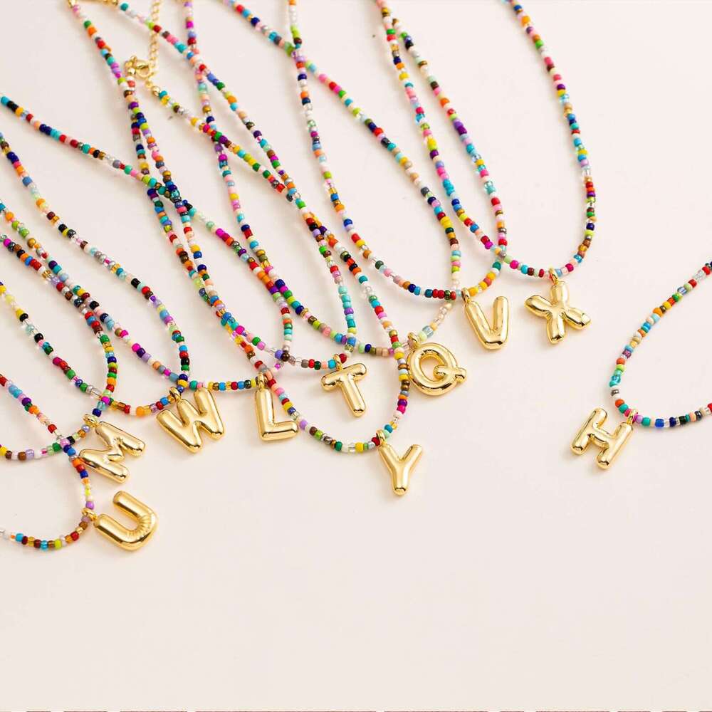 New Hot Sale Stainless Steel Personality Sweet Cool Style Colorful Bead Chubby Pendant 26 Letters Women's Necklace