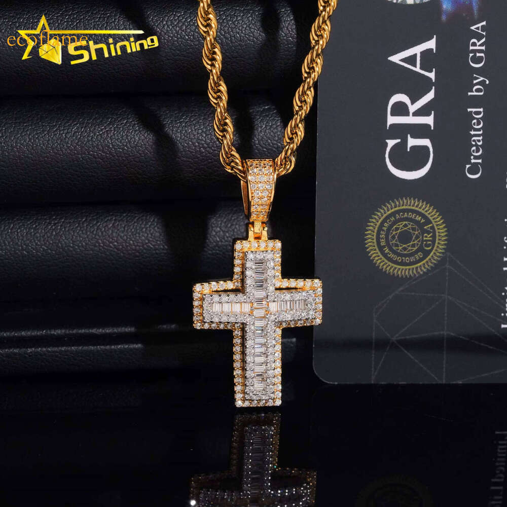 New Design Pass Tester Fashion Hip Hop Jewelry Sier VVS Baguette Moissanite Dia Cross Pendant Necklace