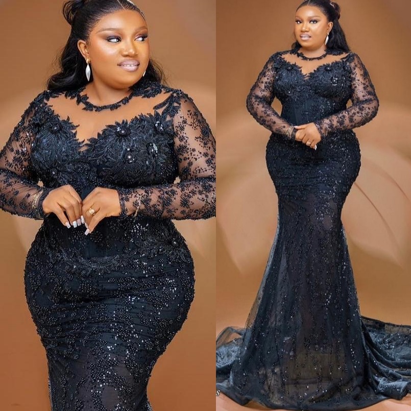 Black Mermaid Prom Dresses 2025 Lace Beaded Sheer Neck Vintage Evening Formal Party Second Birthday Engagement Gowns Plus Size Dress For Special Occas