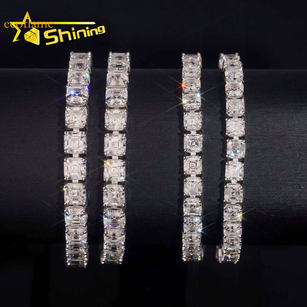 New Stocks Sier Rhodium Plated Men Women Tennis Hip Hop 5mm 6mm Asscher Cut Moissanite Dia Bracelet