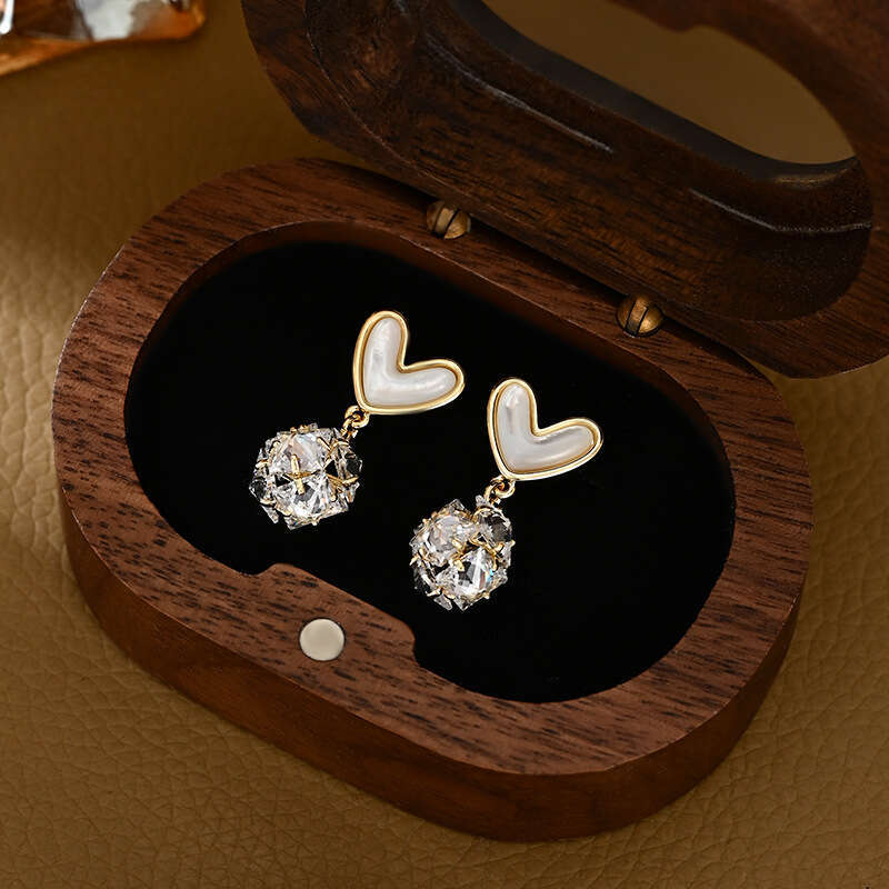 DHCollections Spring Summer Zircon Flower Stud Earrings - Korean Fashion High-End Mother-of-Pearl Heart Design - 14K Gold Plated Needle Earrings for W