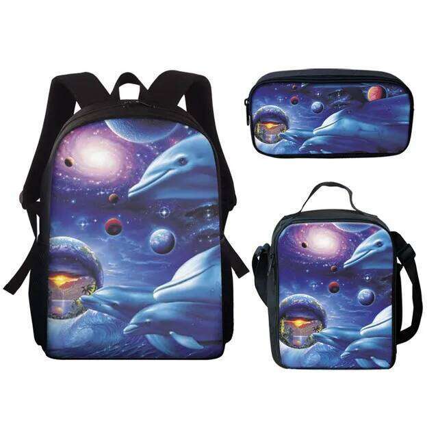 Fashion Novelty Cool Dolphin 3D Print 3pcs/Set pupil School Bags Laptop Daypack Backpack Lunch bag Pencil Case