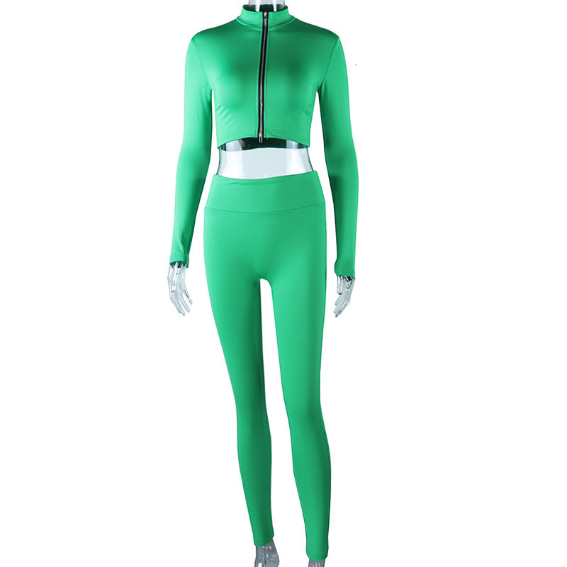 2022 Autumn Winter Solid Color Stand Collar Long Sleeve Zipper Crop Top High Waist Sports Casual Long Pants Two-Piece Set 210821