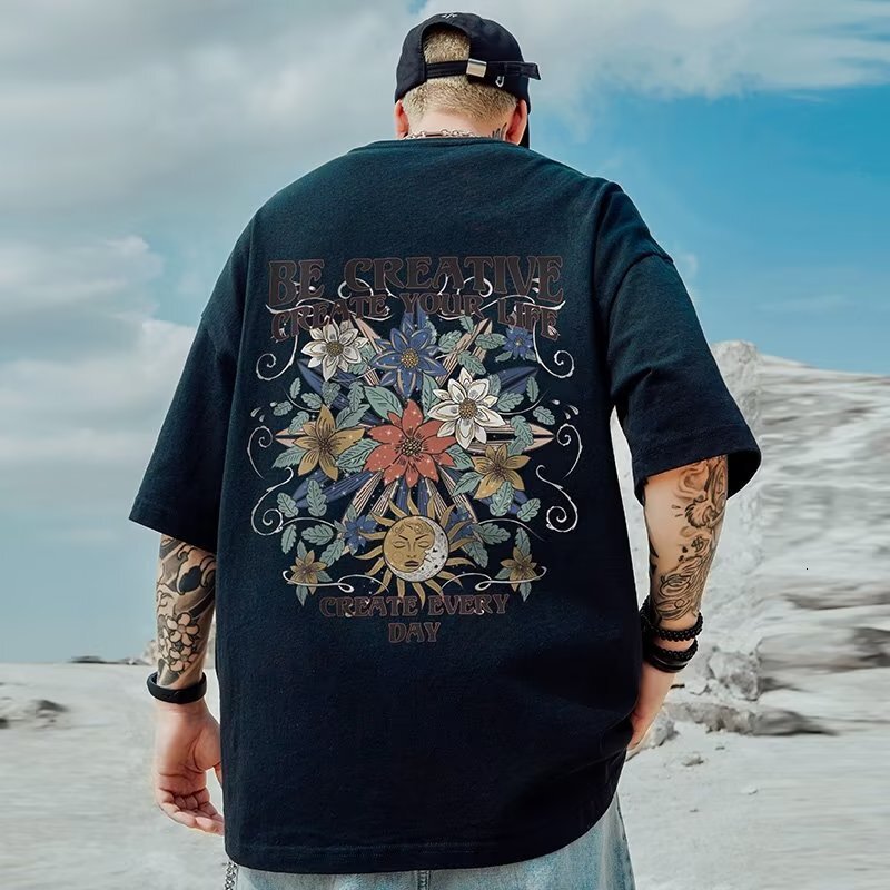 American Style Loose Fit T-shirt For Plus Size Men Short Sleeve 150kg Designer T Shirt Five-quarter Sleeve Pure Cotton Large Size Men's Summer Cl