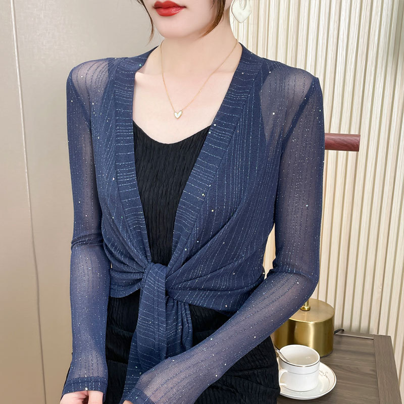 K1191 Summer mesh cardigan thin 2025 short versatile long-sleeved outer wear suspender dress cover jacket air-conditioning shirt