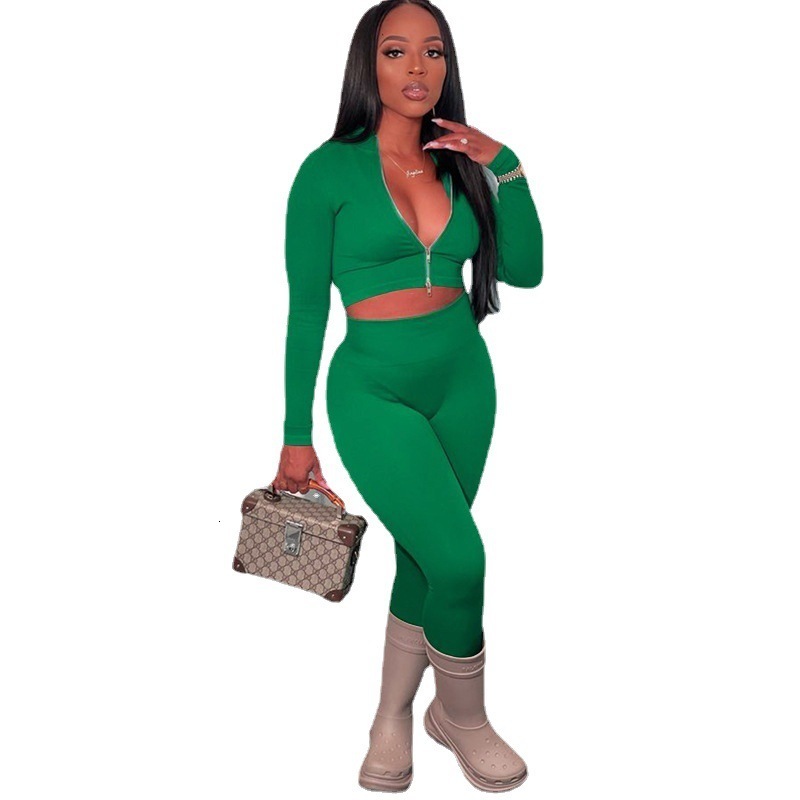 2022 Autumn Winter Solid Color Stand Collar Long Sleeve Zipper Crop Top High Waist Sports Casual Long Pants Two-Piece Set 210821