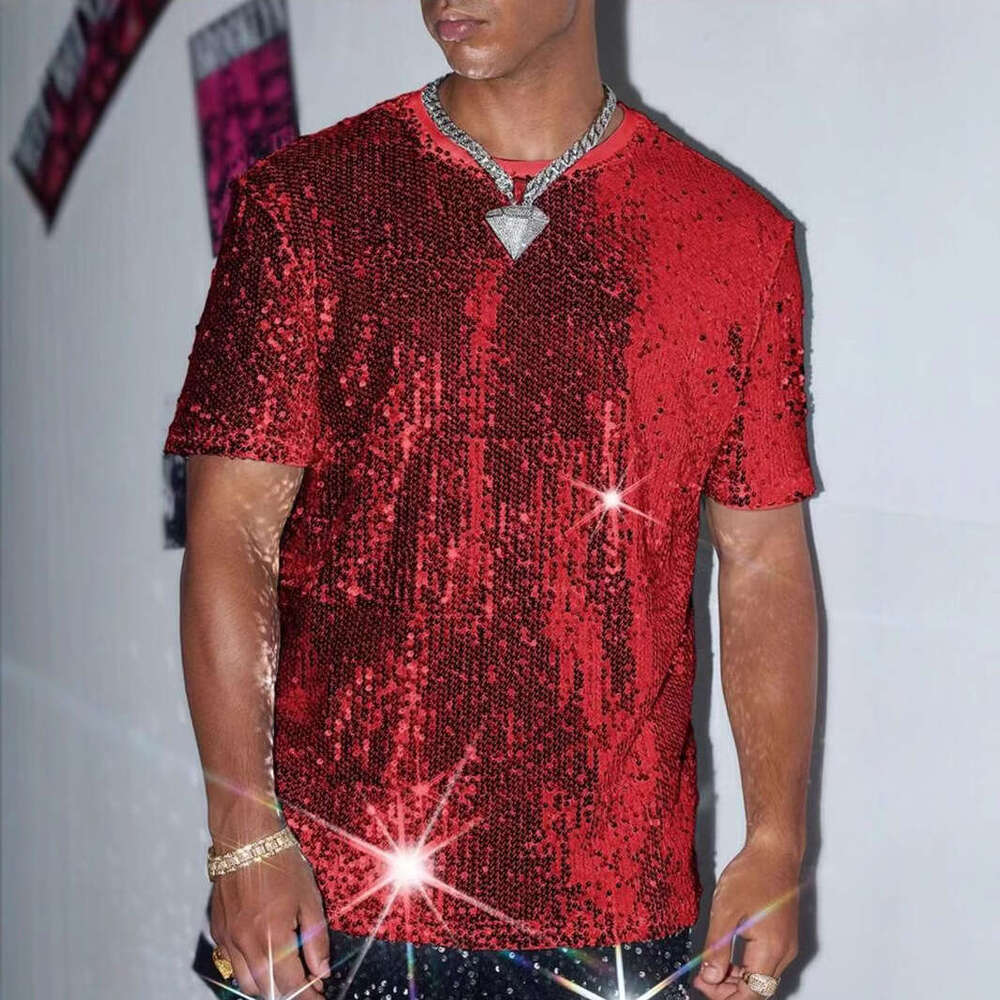 Cross-Border Summer New Sequin Short men dress shirt up shirts Sleeve T-Shirt Men's European And American Performance Costume Shiny Singer Outfit