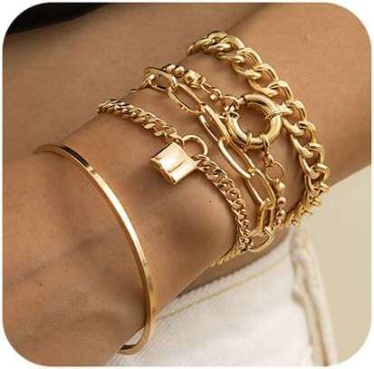 Boho 3 Fashion Dainty Gold Sier Stackable Lock Adjustable Beaded Chunky Flat Cable Chain Punk Bracelets Jewelry for Women Gift Set of 5