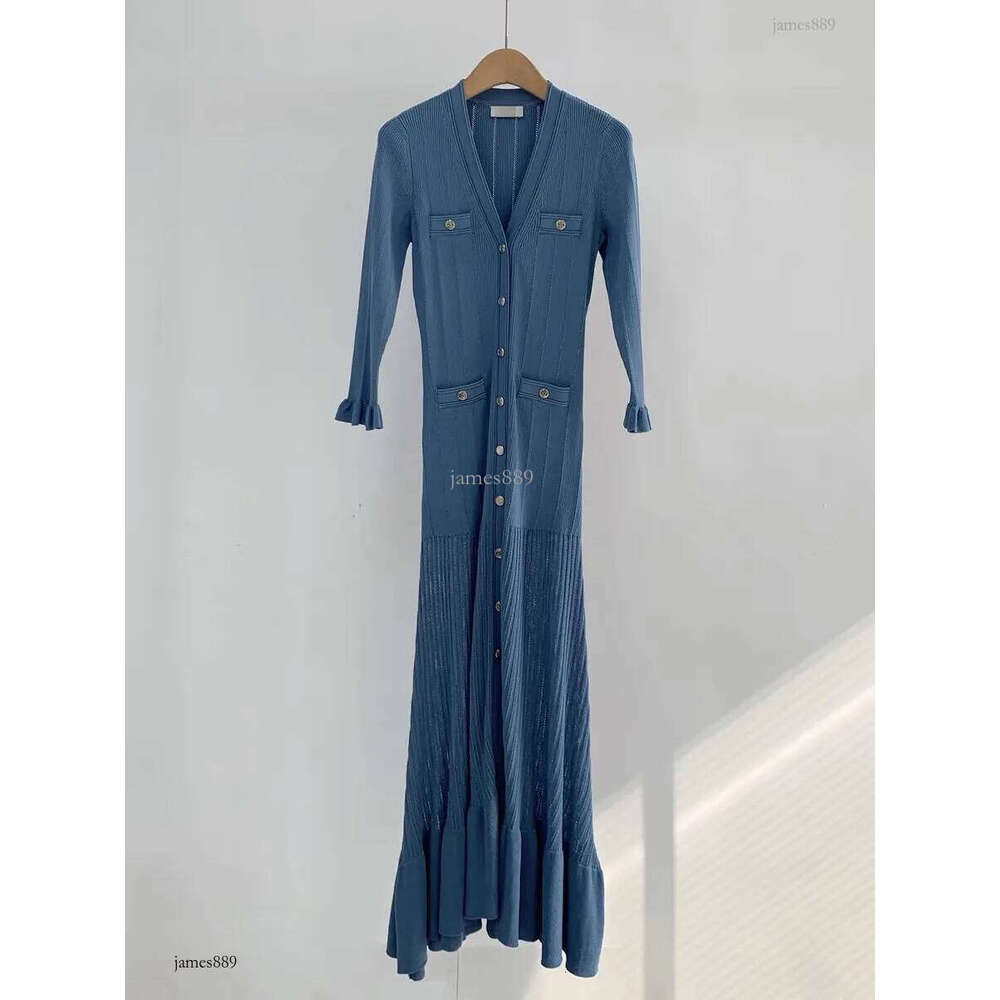 2024 Summer Sandr o Classic French style peacock blue V-neck knitted dress with slim fit and fishtail length