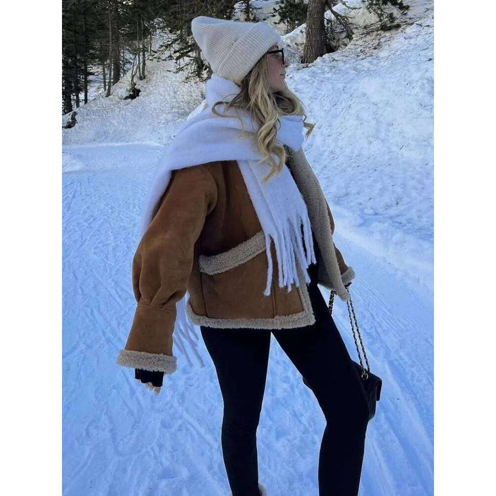 Women Winter Faux Shearling Sheepskin Fake Leather Jackets Lady Thick Warm Suede Lambs Motorcycle Brown Coats Loose Outwear