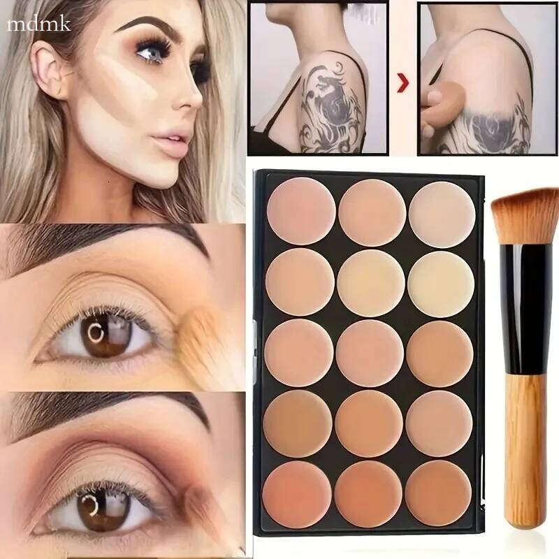 2pcs 15-color Professional Concealer with Brush,Face Makeup and Contouring Dark Circles Acne Mark Brightening Waterproof Sweat X25070
