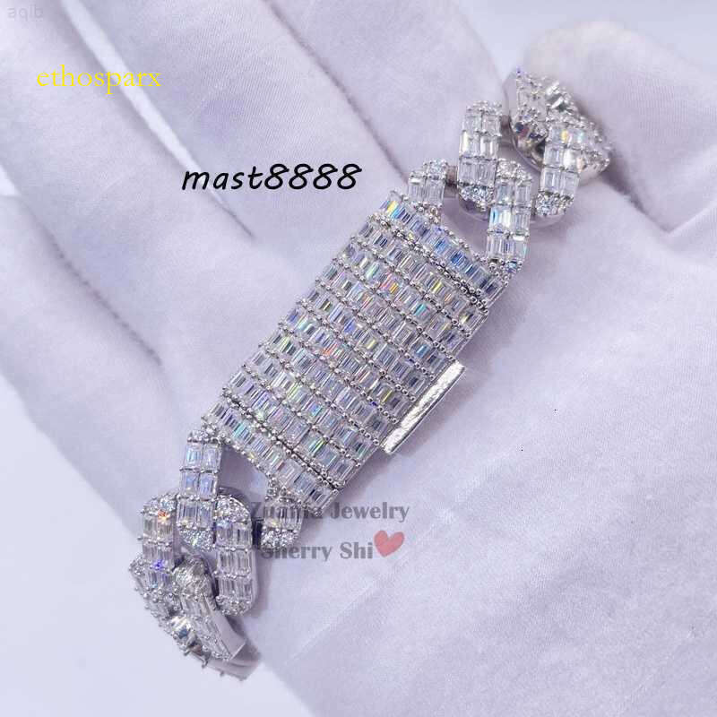 15mm Vvs Baguette Cut Moissanite Dia Hip Hop Men Sier Iced Out Cuban Bracelet