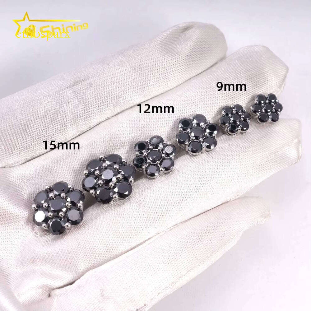 Premium Jewelry Black Dia Hip-Hop Iced Out Sterling Sier Flower Pyroxene Earrings