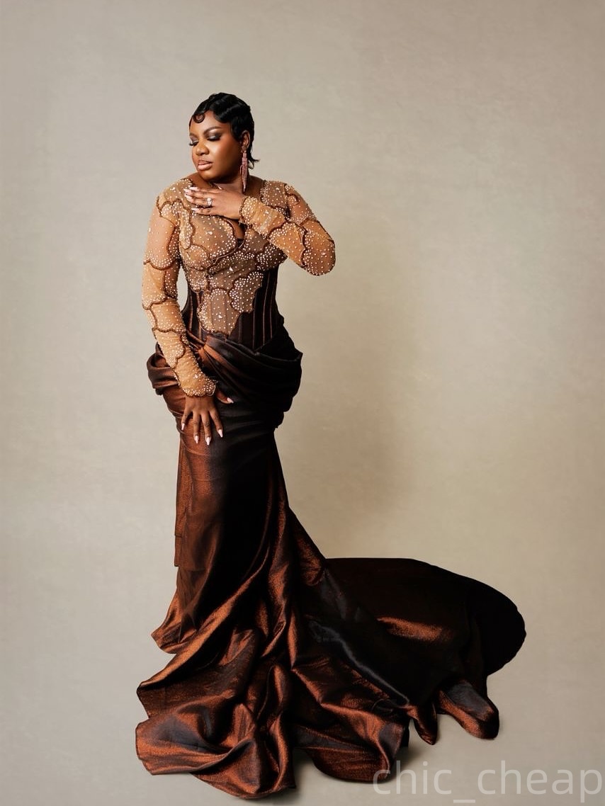 Mermaid Brown Prom Dresses 2025 Crystals Beaded Taffeta Illusion Evening Formal Party Second Birthday Engagement Gowns Plus Size Dress For Special Occ