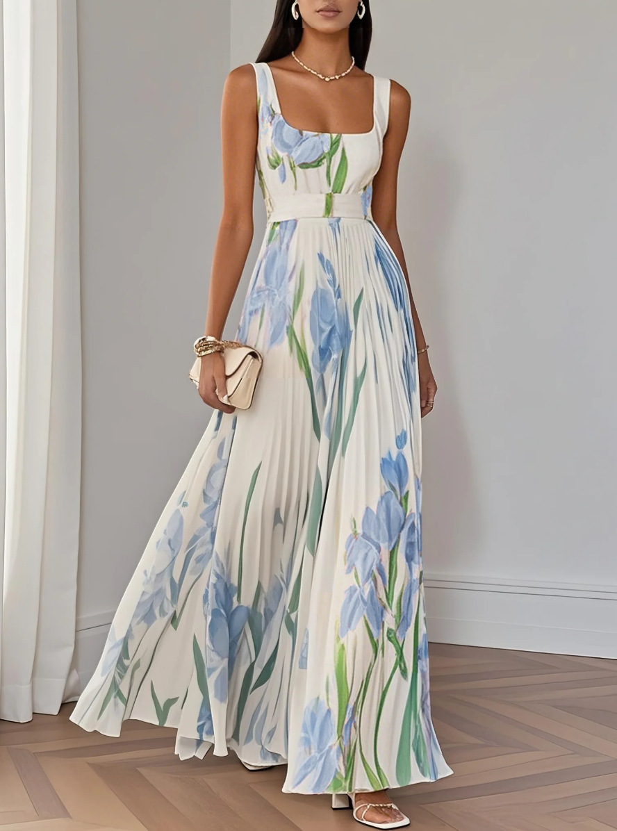 2025 European and American women's suspender digital printing pleated floral long skirt dress
