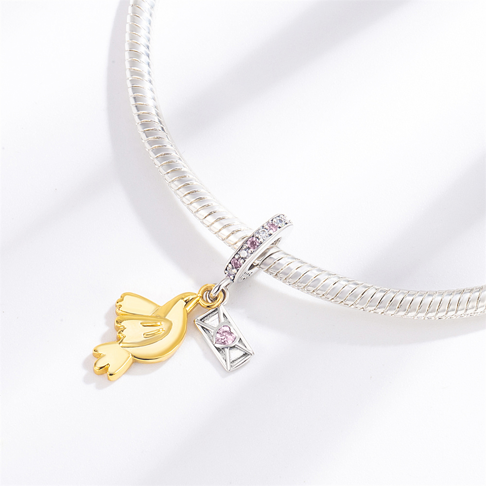 FewDook Fine 18K Gold & Silver Plated Pigeon Love Letter, Rose, Castle, Heart Dangle Charm Fit Pan Charms Bracelet DIY Jewelry Designer for Women 2025
