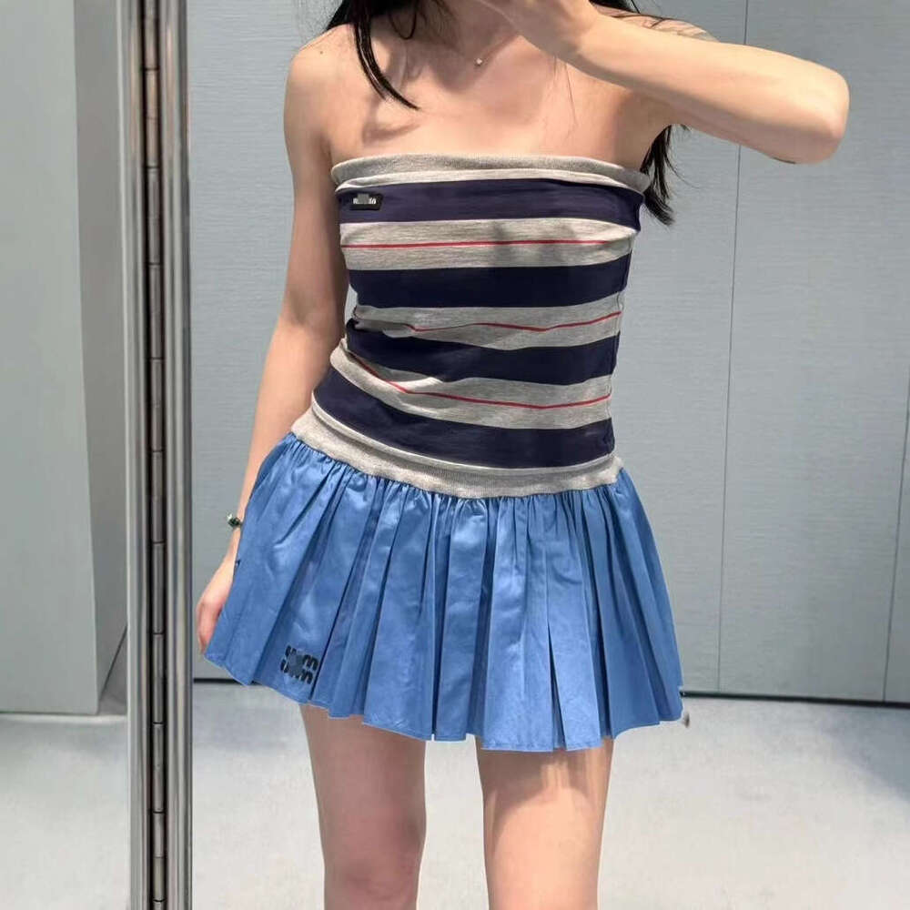 Miu Home Spring Summer New Striped Tube American Style Sexy Hot Girl Letter Patch Layered Jacquard Top For Women B5