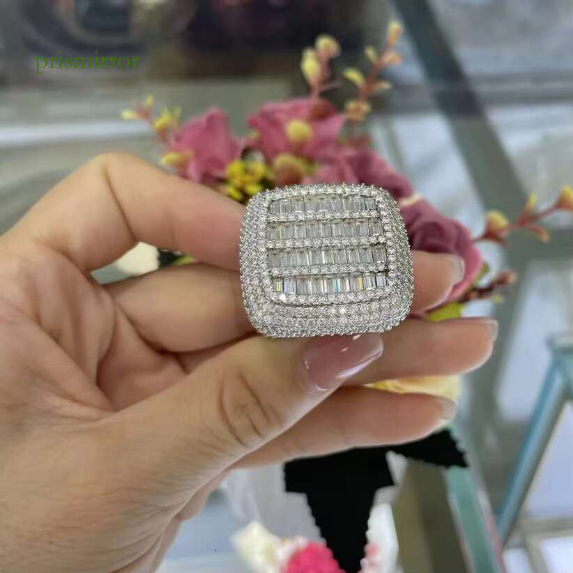 Luxury Cuban pure silver, fully inlaid with ice, VVS moissanite ring, men's fashion, baguette, hip-hop ring