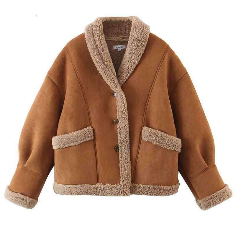 Women Winter Faux Shearling Sheepskin Fake Leather Jackets Lady Thick Warm Suede Lambs Motorcycle Brown Coats Loose Outwear