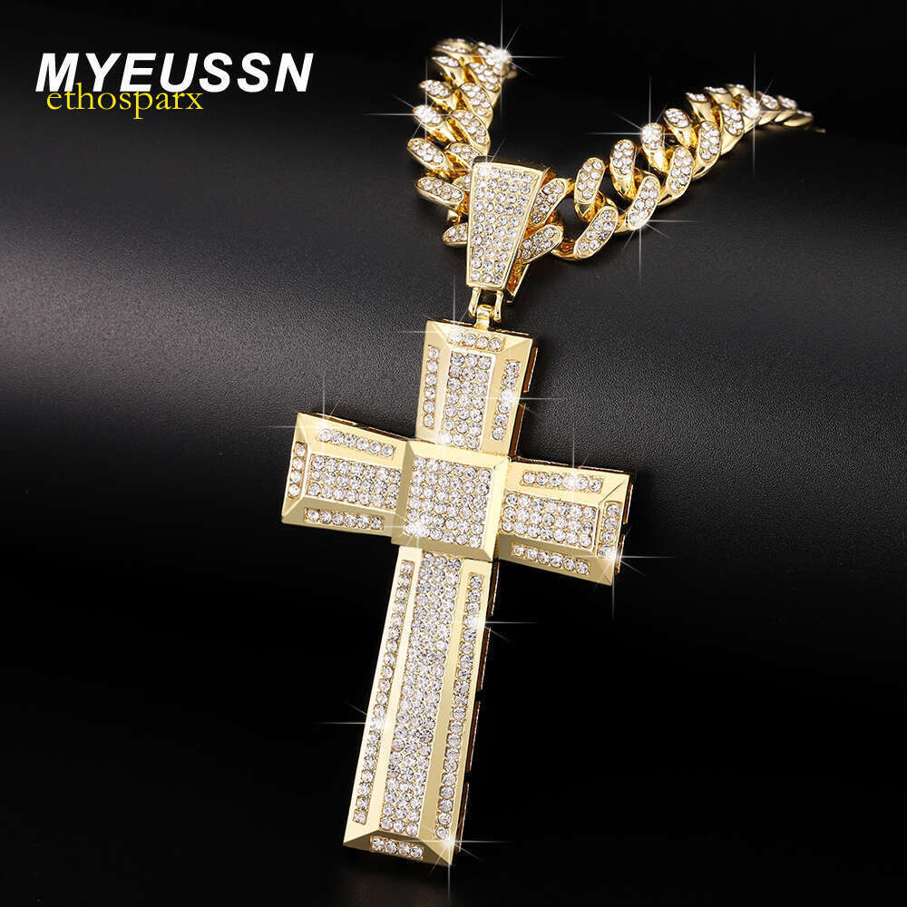 Gold Color Men 13mm Cuban Chain Necklace Iced Out Bling Cross Pendant Hip Hop Jewelry Gift Women