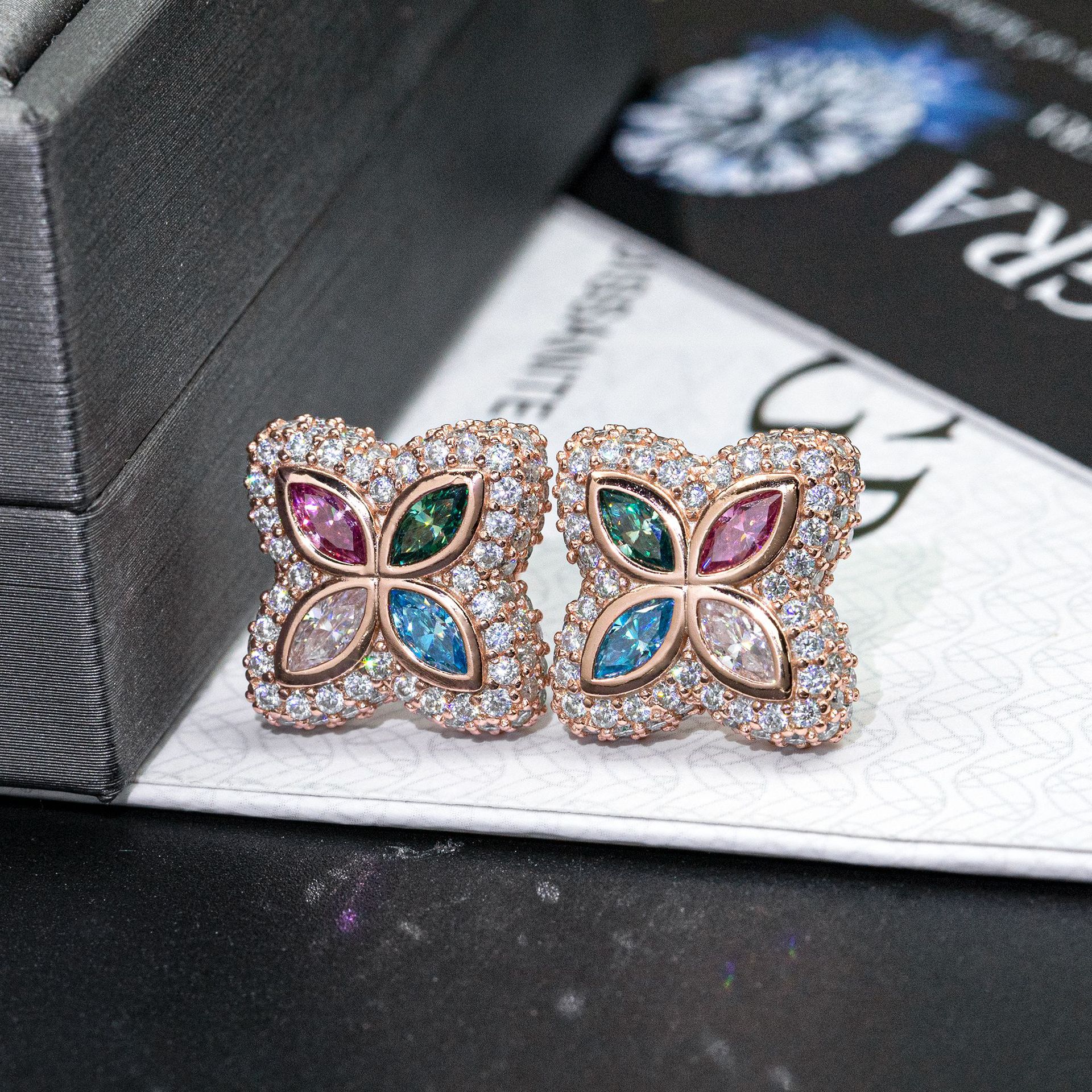 New Arrivals Flower Design Jewelry 925 Sterling Silver Colorful Moissanite Diamond Stud Earring Hip Hop Iced Out Earring 19mm Wide