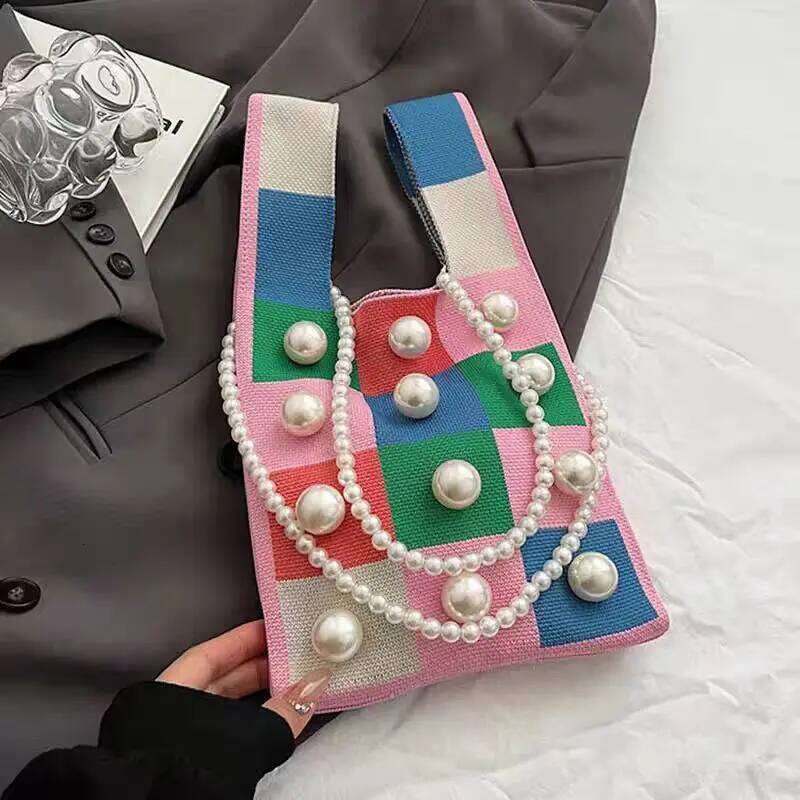 Women'S Knot Wrist Pearl Chain Tote Handmade Knitted Bag Portable Bucket Phone Handbags Large Capacity Summer Flower Handbag