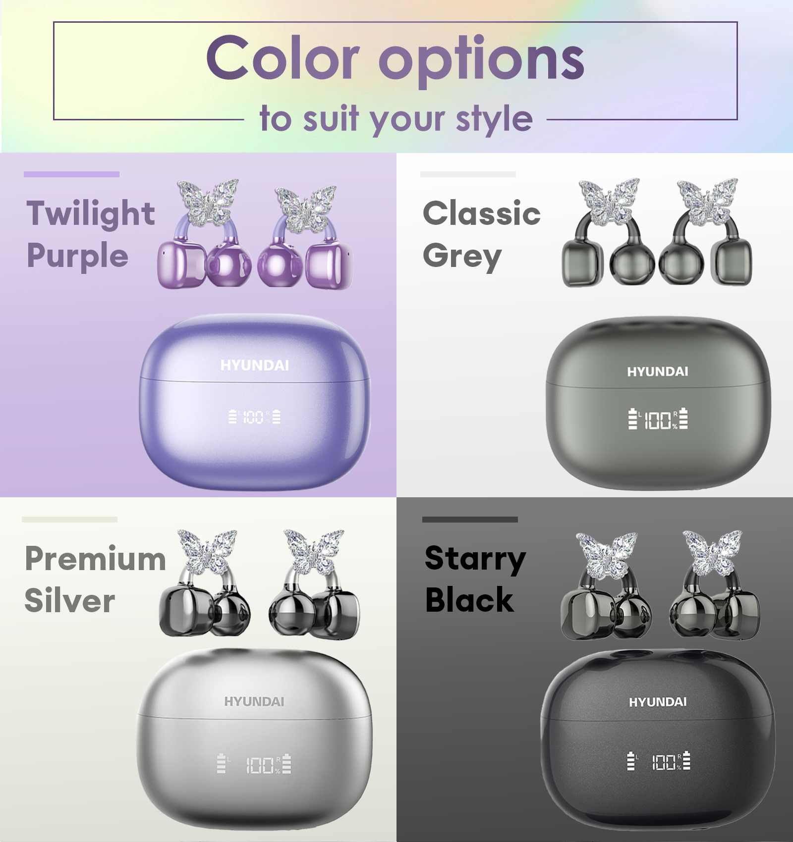 HYUNDAI Luxury design butterfly earrings Clipbuds7 LED Display Earphones Ear Clip Smart Bluetooth 5.4 Wireless Earbuds Dual-mic Noise Reduction Sports